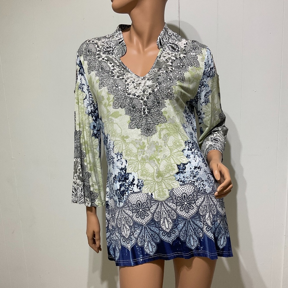 Vintage V Christina Artsy Funky Embellished XL Women's Top Colorful Tunic Blouse
